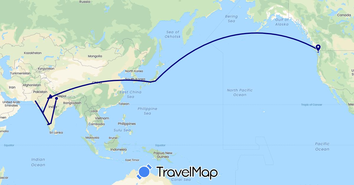 TravelMap itinerary: driving in Canada, India, Japan, Pakistan (Asia, North America)